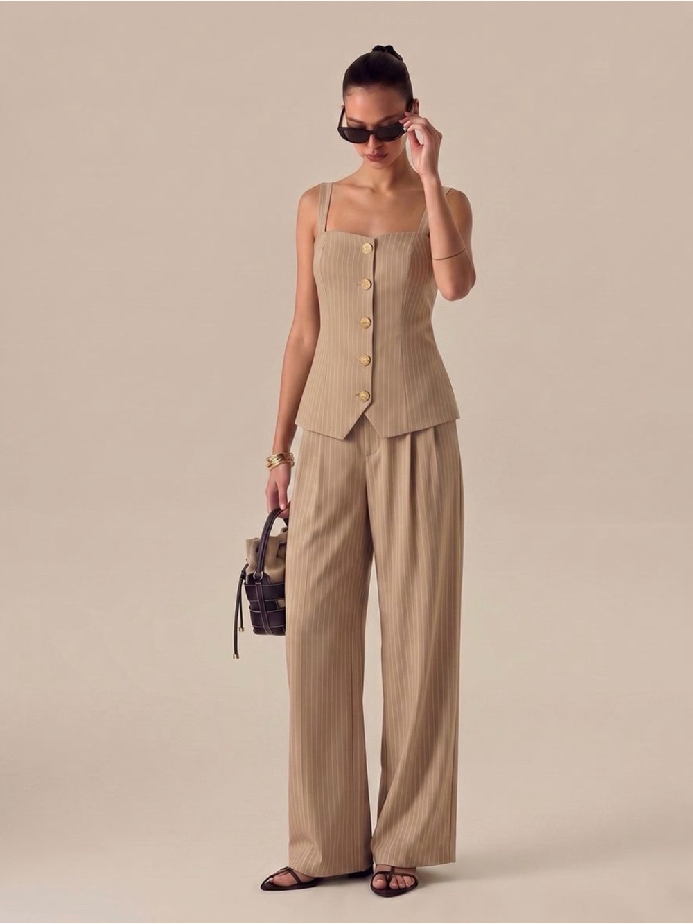 Commense Pinstripe Button Front Cami Top & Pants Set